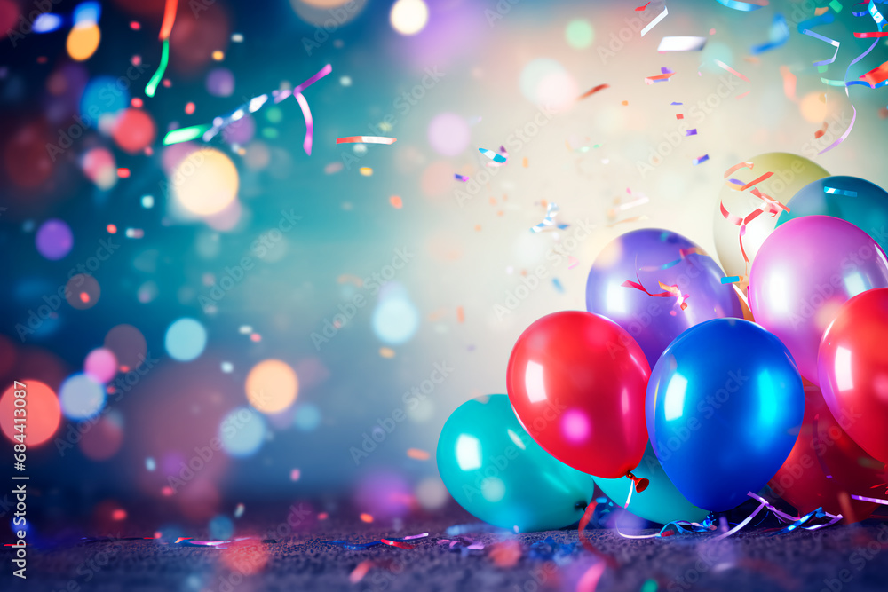 Birthday party-themed background with ample space for copy. Colorful balloons, streamers, and confetti create a festive atmosphere.