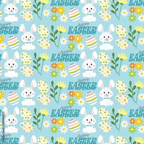easter seamless pattern with bunny, egg and flowers