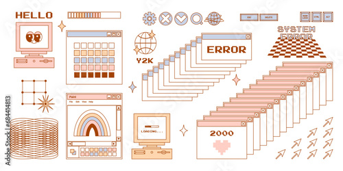 User Interface y2k stickers. Retro icon browser, buttons, screen computer, document thumbnails, loading progress bar, notifications and more. Delicate pastels vector illustration.