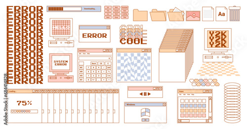 User Interface y2k stickers. Retro icon browser, buttons, screen computer, folder, file, document thumbnails, loading progress bar, notifications and more. Delicate pastels vector illustration.