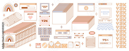User Interface y2k stickers. Retro icon browser, buttons, screen computer, folder, file, document thumbnails, loading progress bar, notifications and more. Delicate pastels vector illustration.