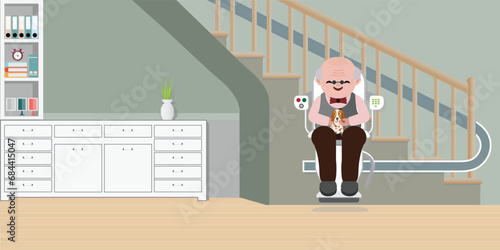 Elderly man using chair lift for stairs.