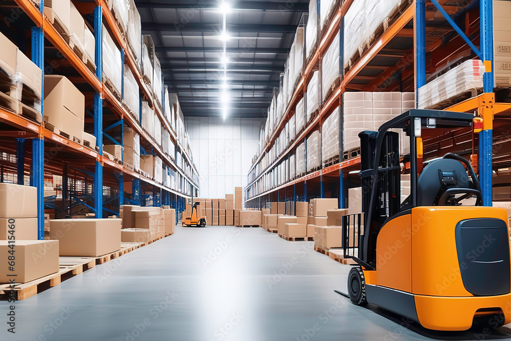 A retail warehouse full of shelves with merchandise in boxes. Complete with pallet and forklift logistics and transportation background Distribution center