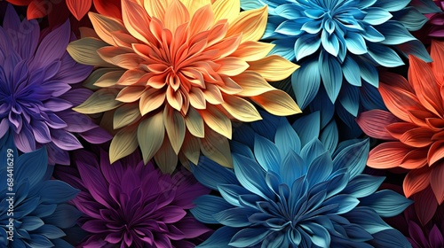 A digital rendering of radiant 3D hypnotic pattern flowers, each petal pulsating with vibrant colors in a captivating display.