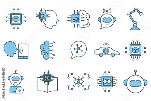 artificial intelligence icon set. robot head, brain ai, robot arm, computer vision, big data, ai assistant, deep learning, etc. flat line icon style design. simple vector design editable