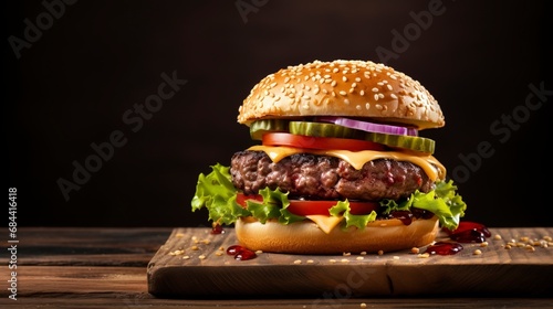 Close-up home made beef burger on wooden table, copy space and generative ai