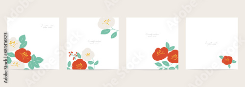 年賀状用椿のイラスト。椿の和風イラストポストカードセット。和風フレームのテンプレート。Clip art of camellia for New Year's card. Japanese-style illustration of camellia postcard set. Japanese style frame template.