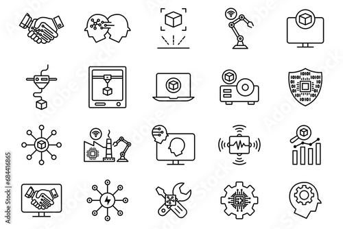 industry icon set. industry 5.0, 3d printing, artificial intelligence, augmented reality, advanced sensor, intelligent robot ,etc. line icon style design. simple vector design editable