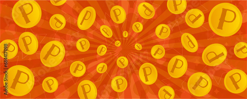 キラキラした金色のポイントコインが飛んでいる赤いベクター背景画像	