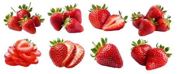Strawberry Strawberries, many angles and view side top front sliced halved group cut isolated on transparent background cutout, PNG file. Mockup template for artwork graphic design