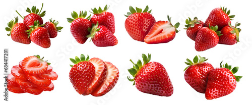 Strawberry Strawberries, many angles and view side top front sliced halved group cut isolated on transparent background cutout, PNG file. Mockup template for artwork graphic design
