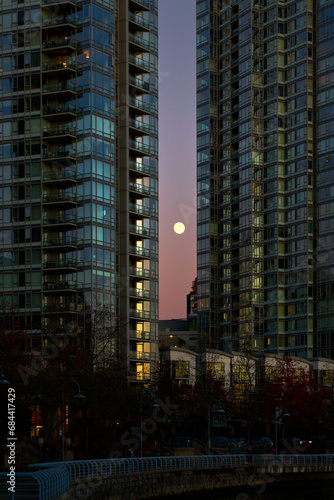 Moonrise Towers City Center. The moon rising over the Vancouver False Creek skyline. British Columbia  Canada.  