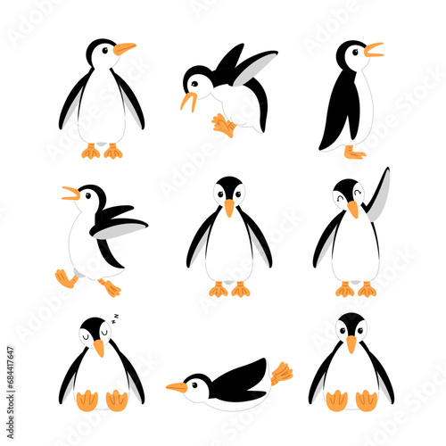 Cute penguin cartoon image collection, illustration set on white background.