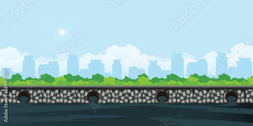 Water polluted environment on city background.