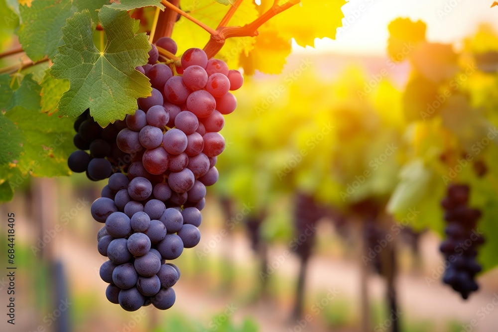 Fototapeta premium Grape harvest, Vineyards at sunset in autumn harvest ripe grapes in fall, Vineyard with ripe grapes in countryside at sunset, Nature background with Vineyard in autumn harvest ripe, Generative AI