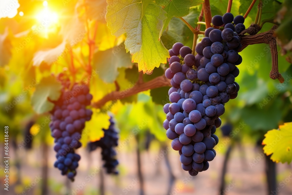 Grape harvest, Vineyards at sunset in autumn harvest ripe grapes in fall, Vineyard with ripe grapes in countryside at sunset, Nature background with Vineyard in autumn harvest ripe, Generative AI