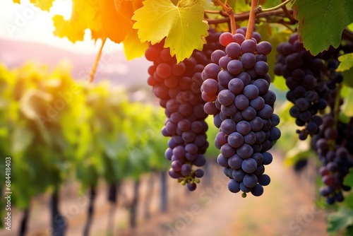 Grape harvest  Vineyards at sunset in autumn harvest ripe grapes in fall  Vineyard with ripe grapes in countryside at sunset  Nature background with Vineyard in autumn harvest ripe  Generative AI
