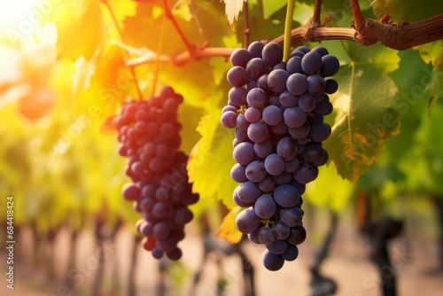 Grape harvest, Vineyards at sunset in autumn harvest ripe grapes in fall, Vineyard with ripe grapes in countryside at sunset, Nature background with Vineyard in autumn harvest ripe, Generative AI