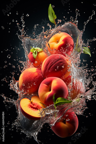 Ripe juicy peaches, peach leaves and flowers in a splash of water. Generative AI.
