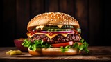 Close-up home made beef burger on wooden table, copy space and generative ai