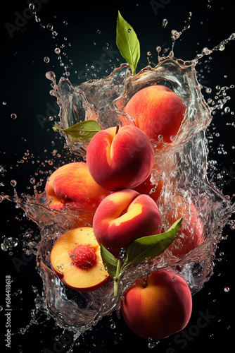 Ripe juicy peaches, peach leaves and flowers in a splash of water. Generative AI.