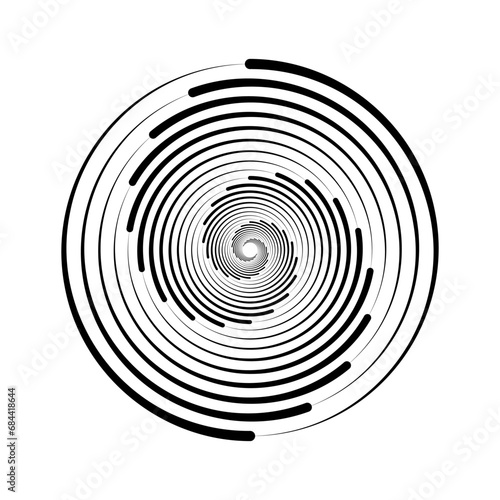 Spiral lines element. Radial spinning stripes texture. Circle swirl shape. Abstract round geometric background design for poster, banner, logo, icon, collage, tattoo, sticker. Vector illustration