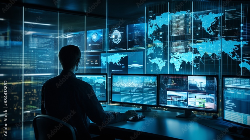 A high-tech control room monitoring customer service metrics on large screens with real-time data visualization. A high-tech control room monitoring customer service metrics on large screens with real-time data visualization.