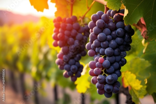 Grape harvest, Vineyards at sunset in autumn harvest ripe grapes in fall, Vineyard with ripe grapes in countryside at sunset, Nature background with Vineyard in autumn harvest, Generative AI