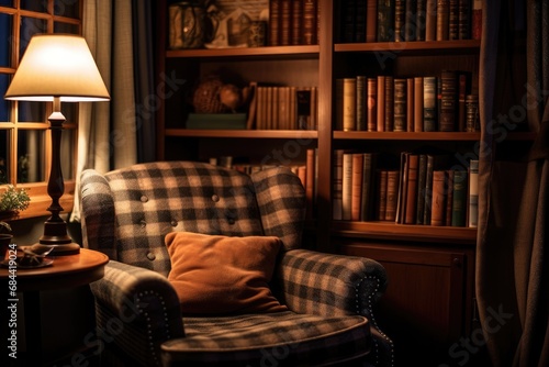 Cozy reading nook with a vintage armchair, a floor lamp, and a built-in bookshelf © authapol