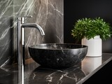 Close up of black marble round vessel sink and chrome faucet,Minimalist interior design of modern bathroom