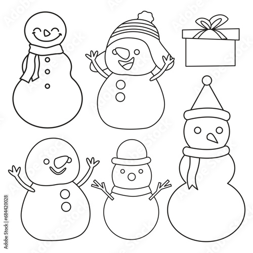 Snowman outline set vector illustration, suitable for coloring book, icon, and graphic design element