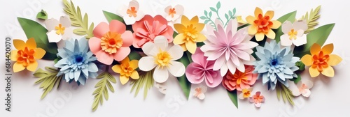 Horizontal Flowers Banner in Papercraft Style, Floral Background, Blooming Flowers and Leaves. © Somvang