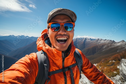 Portrait of Asian Male Hiker with Sunglasses Take a Selfie on Top of Mountain, Happy Traveller Man Smiling and Looking at the Camera.