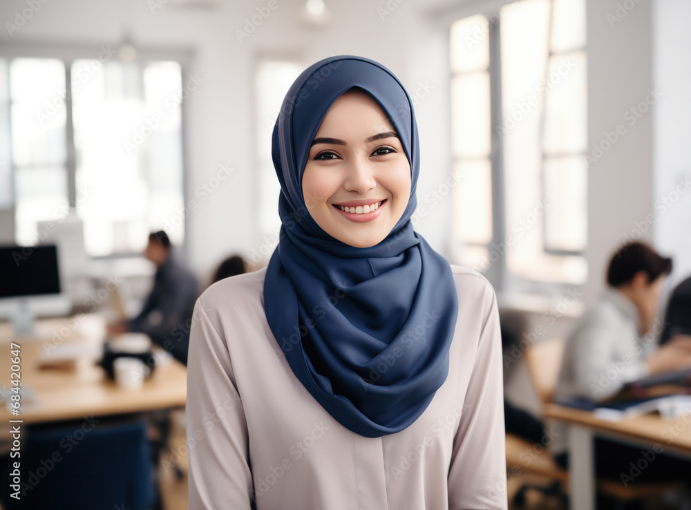 A smiling Muslim Malay businesswoman in a modern office