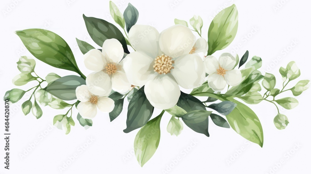A Watercolor of green leaves, spring flowers and floral elements isolated on transparent png background. Large copy space for design. A Watercolor of green leaves, spring flowers and floral elements isolated on transparent png background. Large copy space for design.