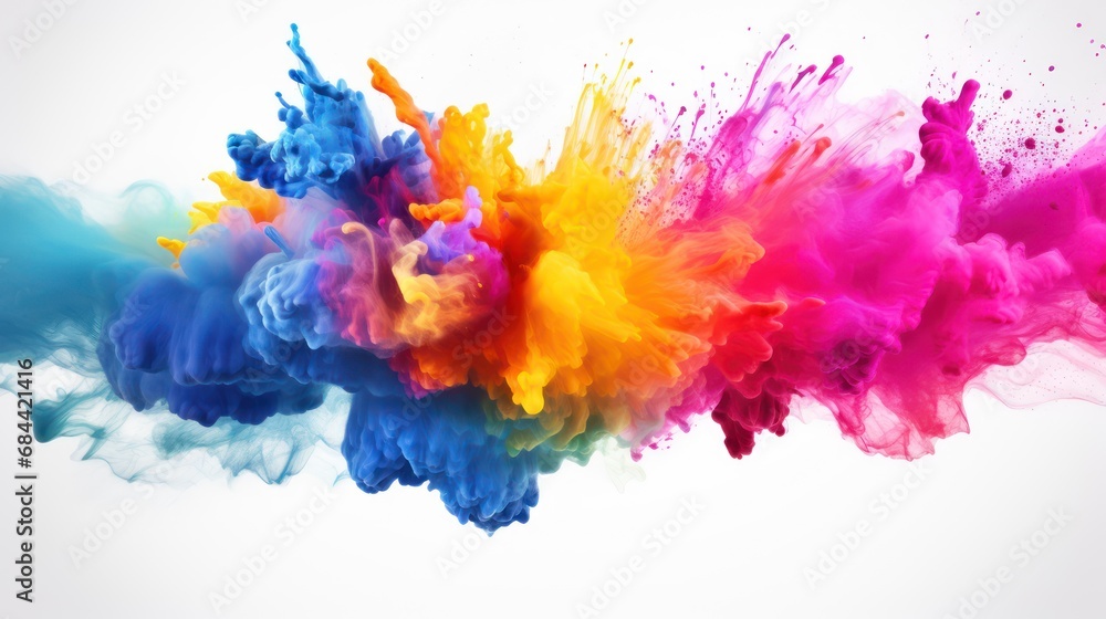 Paint Holi, colorful rainbow Holi paint splashes on isolated white background, explosion of colored powder. abstract background.