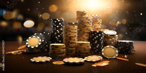 Golden casino chips for gambling on blurry grey blurred background , A close up of a pile of gold coins on a black background  Generative Ai