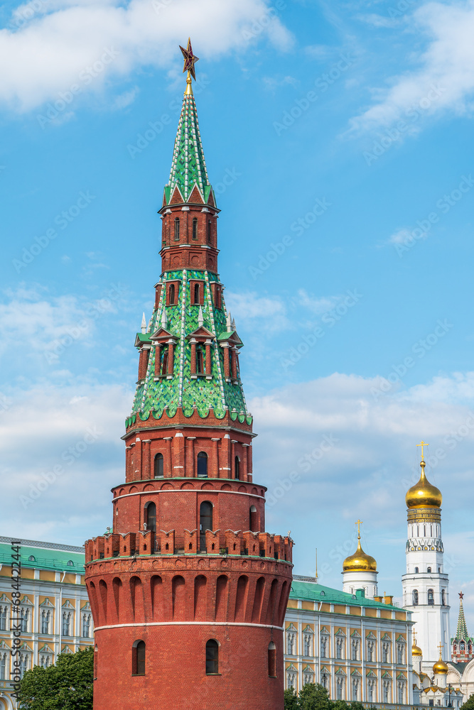 Vodovzvodnaya Tower at southwestern corner of Moscow Kremlin, overlooking Moscow River. Moscow, Russia