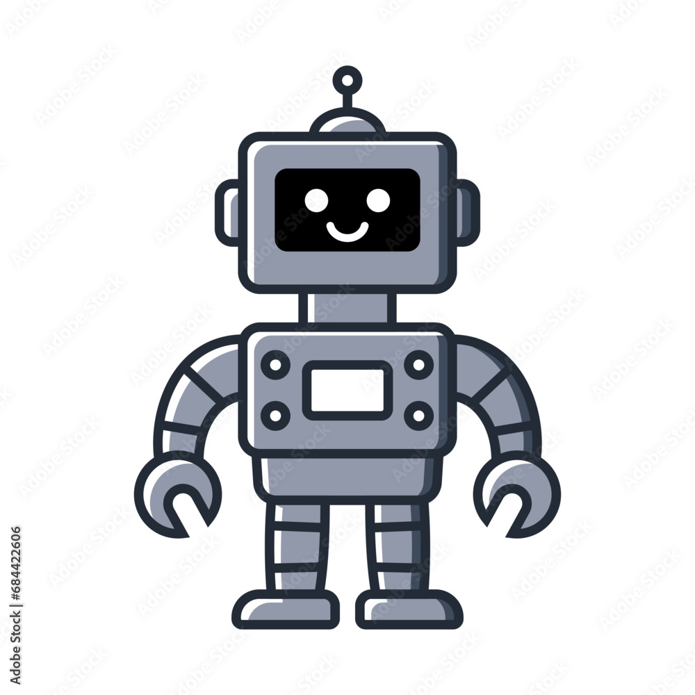Happy funny cartoon childish robot line icon. Machine technology cyborg. Futuristic humanoid character mascot. Science robotic, Android friendly character, robotic technology vector illustration Happy funny cartoon childish robot line icon. Machine technology cyborg. Futuristic humanoid character mascot. Science robotic, Android friendly character, robotic technology vector illustration