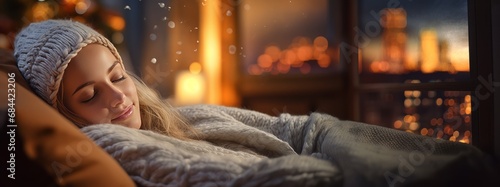 person sleeping on sofa at winter night photo