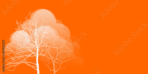 Deciduous trees on light clouds isolated on orange background. Autumn concept, flat vector illustration.