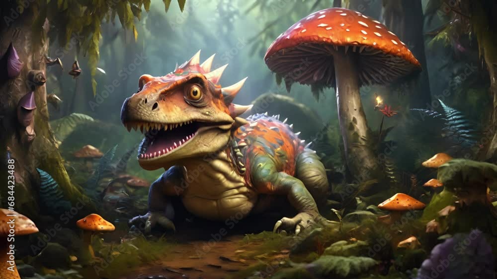 Closeup animation of a mischievous dinosaur peeking out from behind a large mushroom in a whimsical forest full of magical creatures. .
