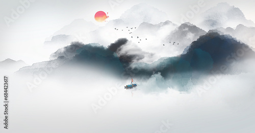 Chinese style artistic conception ink wash landscape background illustration © 心灵艺坊