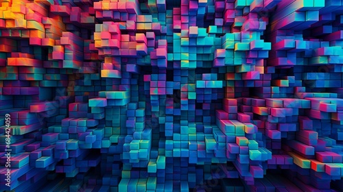 A pixelated 3D wall pattern resembling a digital glitch, intertwining vibrant neon colors in an avant-garde composition.