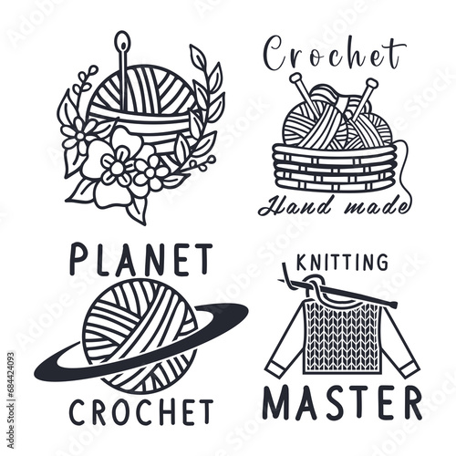 Set of crochet knitting vector illustration. Crochet quote logo clipart.