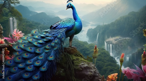A realistic 3D artwork capturing a stunning blue peacock adorned with intricate patterns, set against a backdrop of lush, misty mountains. photo