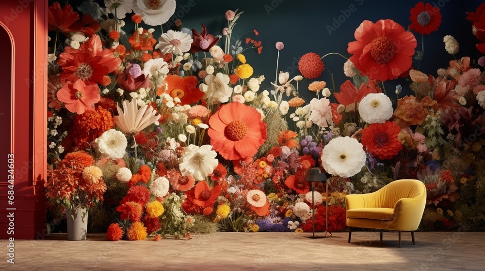 A room adorned with 3D wallpaper showcasing a lively arrangement of daisies and poppies in full bloom.