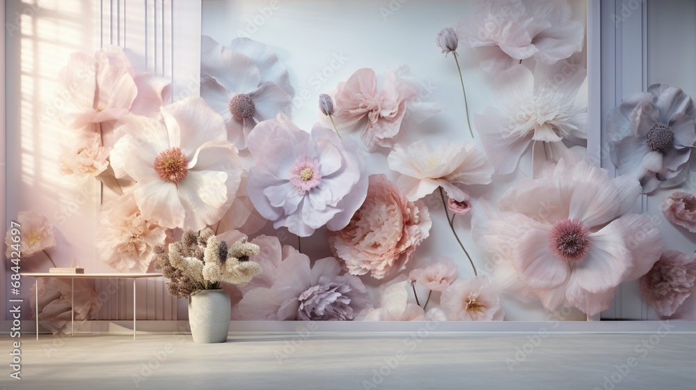 A room featuring a 3D floral wallpaper displaying an artistic arrangement of delicate anemones in soft pastel tones. A room featuring a 3D floral wallpaper displaying an artistic arrangement of delicate anemones in soft pastel tones.
