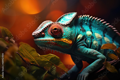 colorful chameleon sitting on green leaves