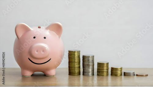 pink piggy bank smiling and coins on the table, for saving money wealth, and financial concepts, copy space. Utility bills, calculating monthly budgets, investing. Generative AI photo